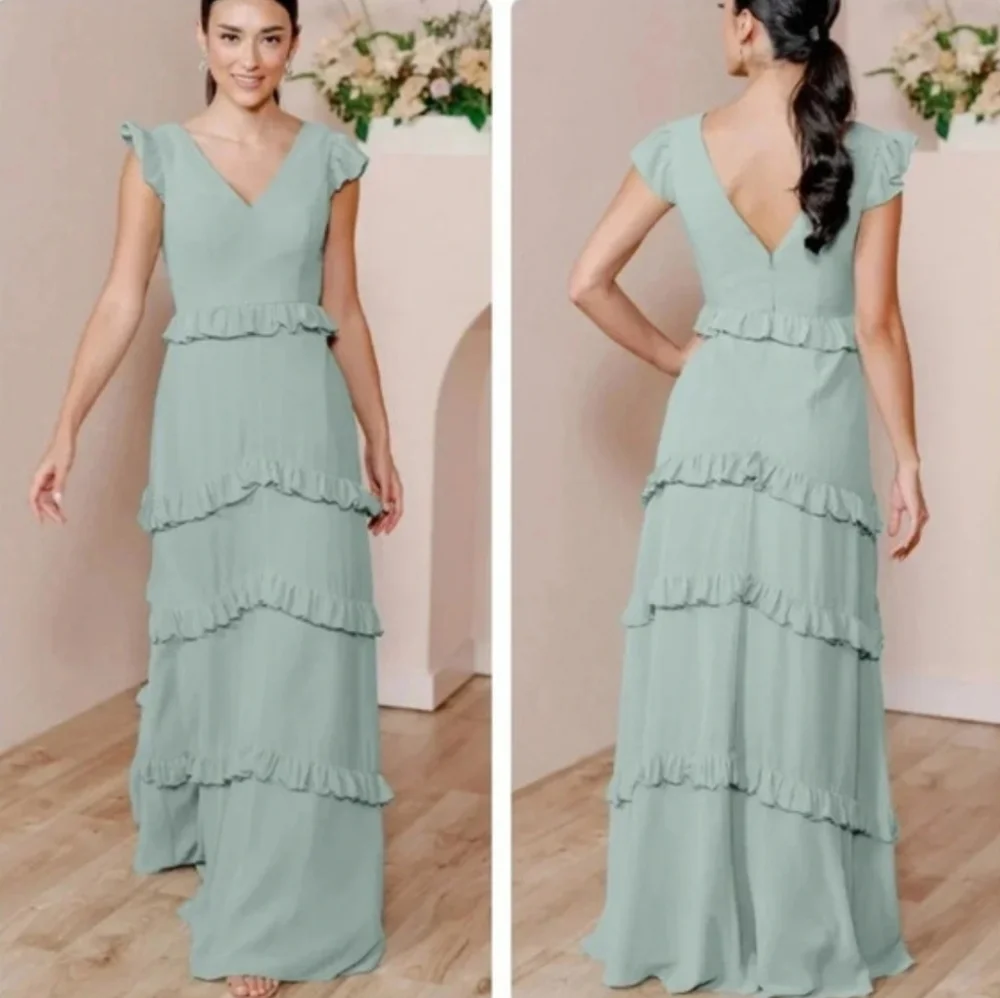 Revelry Amelia Formal Chiffon Bridesmaid Dress Tiered Ruffles Sage Size 14 - Picture 2 of 16
